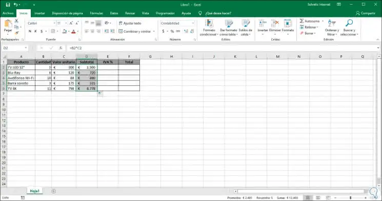 How to calculate the subtotal, VAT and Total in Excel 2019 and Excel 2016