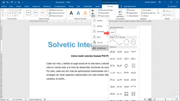 how to curve letters in word