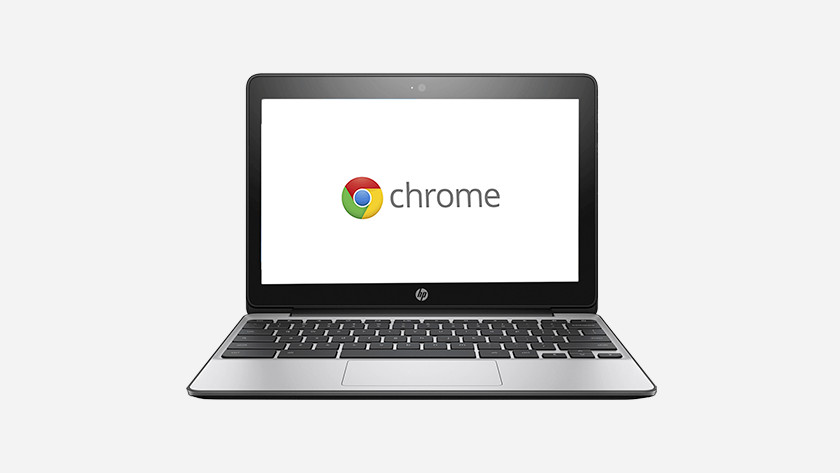 An HP Chromebook with the Chrome OS logo.