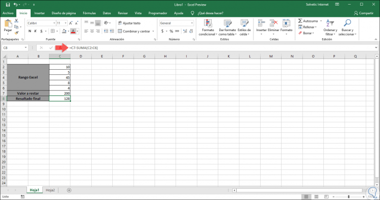 excel formula to subtract cells