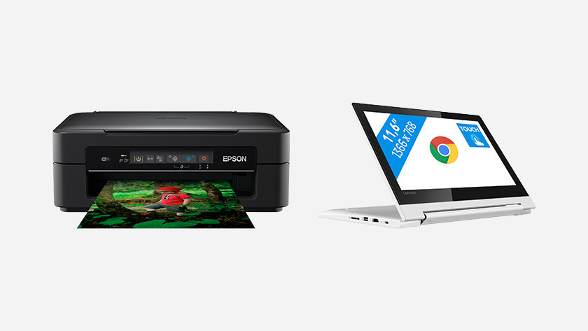 An Epson printer next to a Lenovo Chromebook.