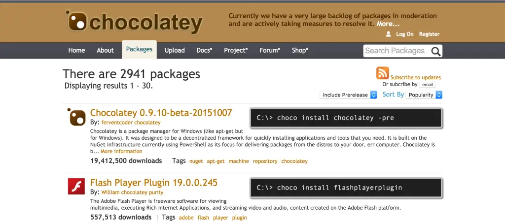 Chocolatey website packages