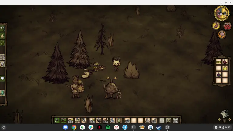 Our test game "Don't Starve" via Linux and Steam on a Chromebook: plays without restrictions