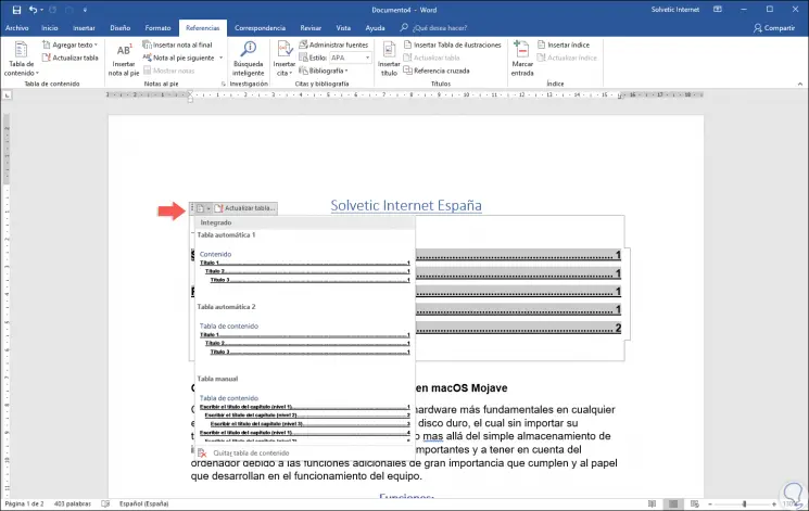 how to create table of contents in word 2016