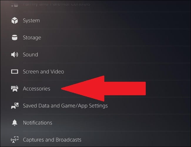 where to find accessories in the PS5 settings menu