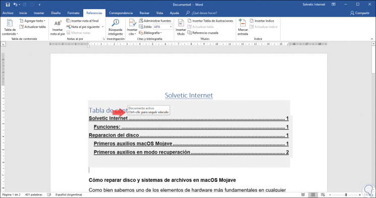 how to make a clickable table of contents word 2016